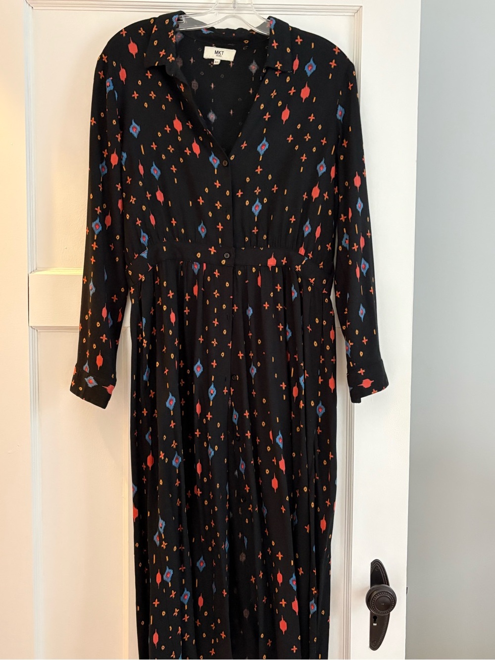 Black Printed Long Sleeve Shirt Dress - Black with Coral & Blue Western Pattern